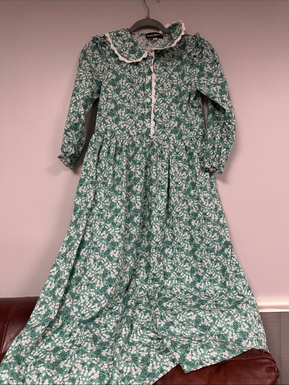 Scarlet Darkness Green Floral Lace Trim Long Prairie dress, 12Y